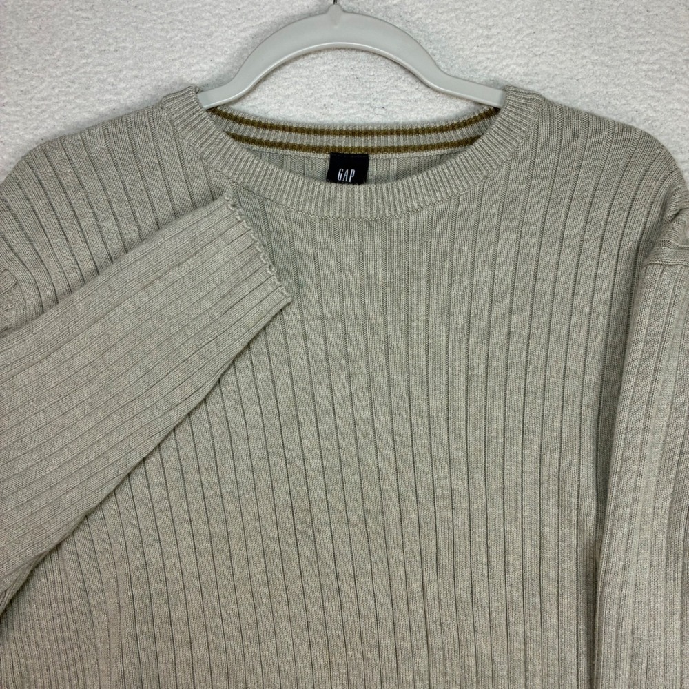 Vintage Gap Ribbed Sweater Men XL Beige Crewneck Cotton Preppy Fall Knit 90s